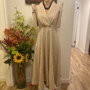 Filipiniana Vintage-Inspired Cream Midi Dress with Puff Shoulders Fits S, M, & L